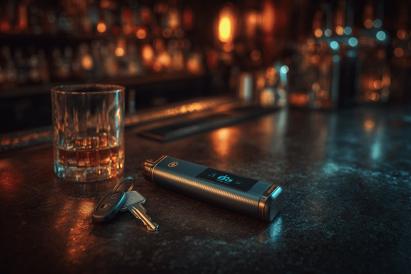 Alkometar sa digitalnim prikazom promila i ključevi od auta na šanku