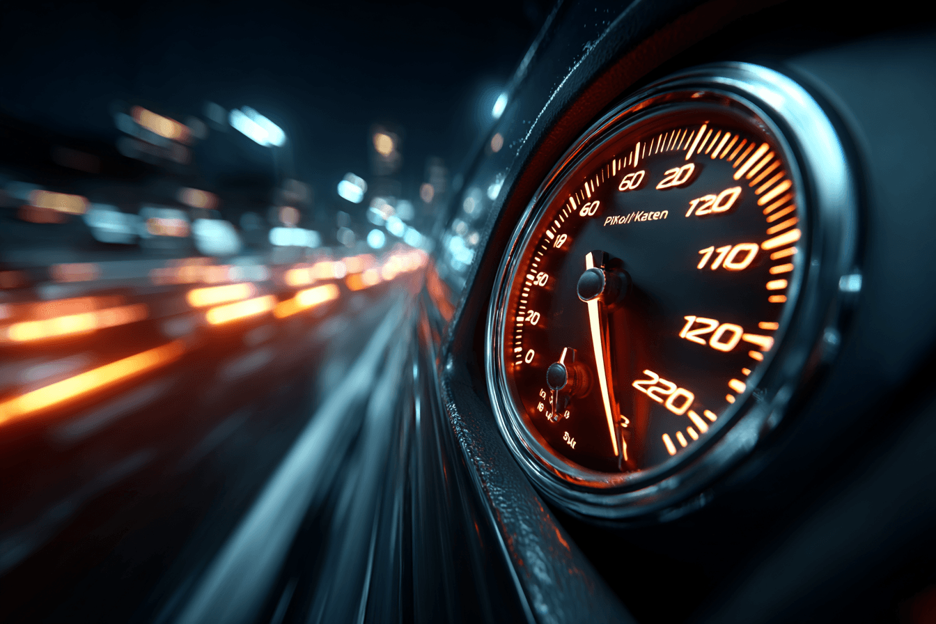 Brzinomer u crvenoj zoni sa blicem radar kamere na autoputu