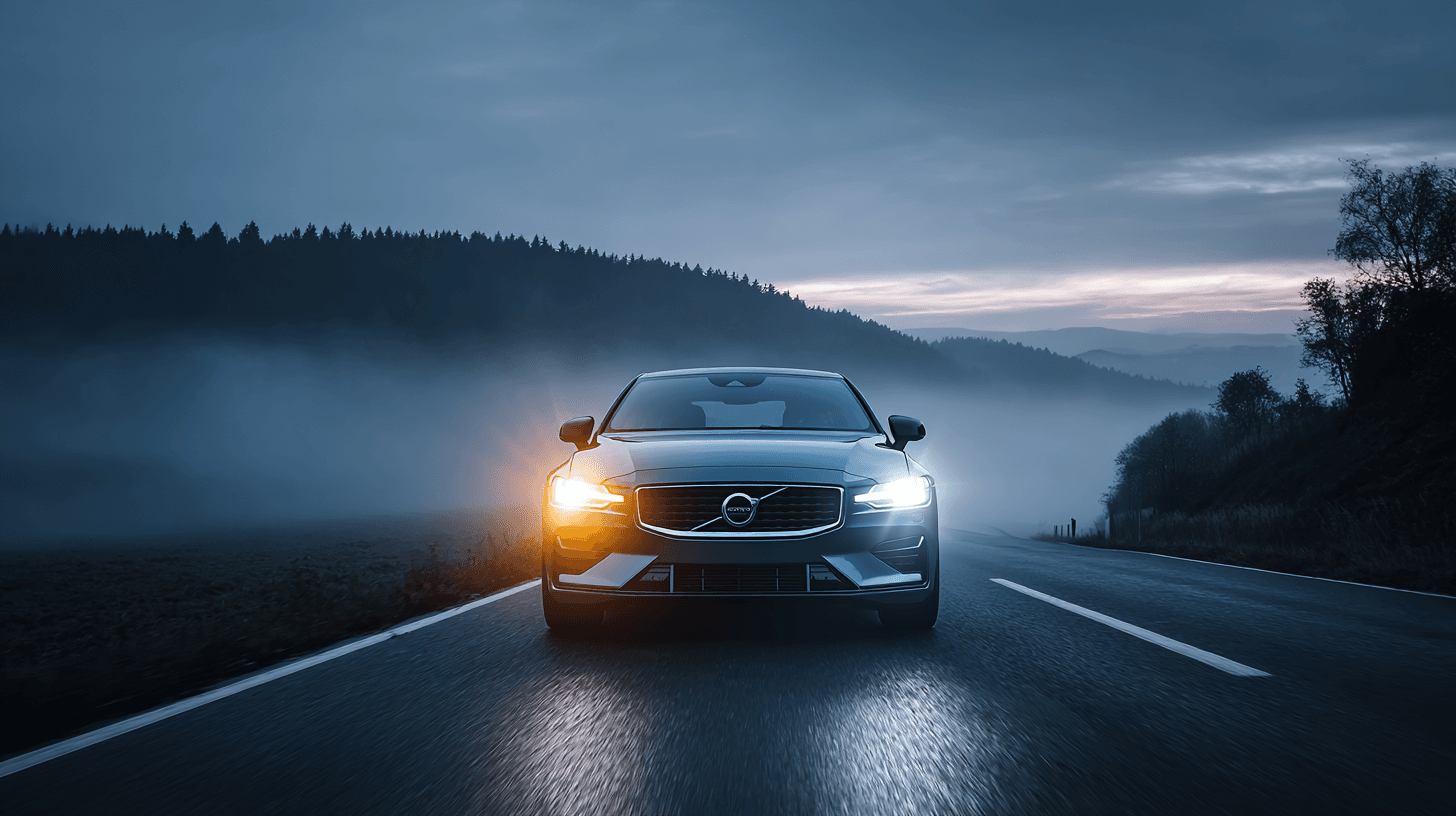 Automobil sa uključenim dnevnim LED svetlima na putu