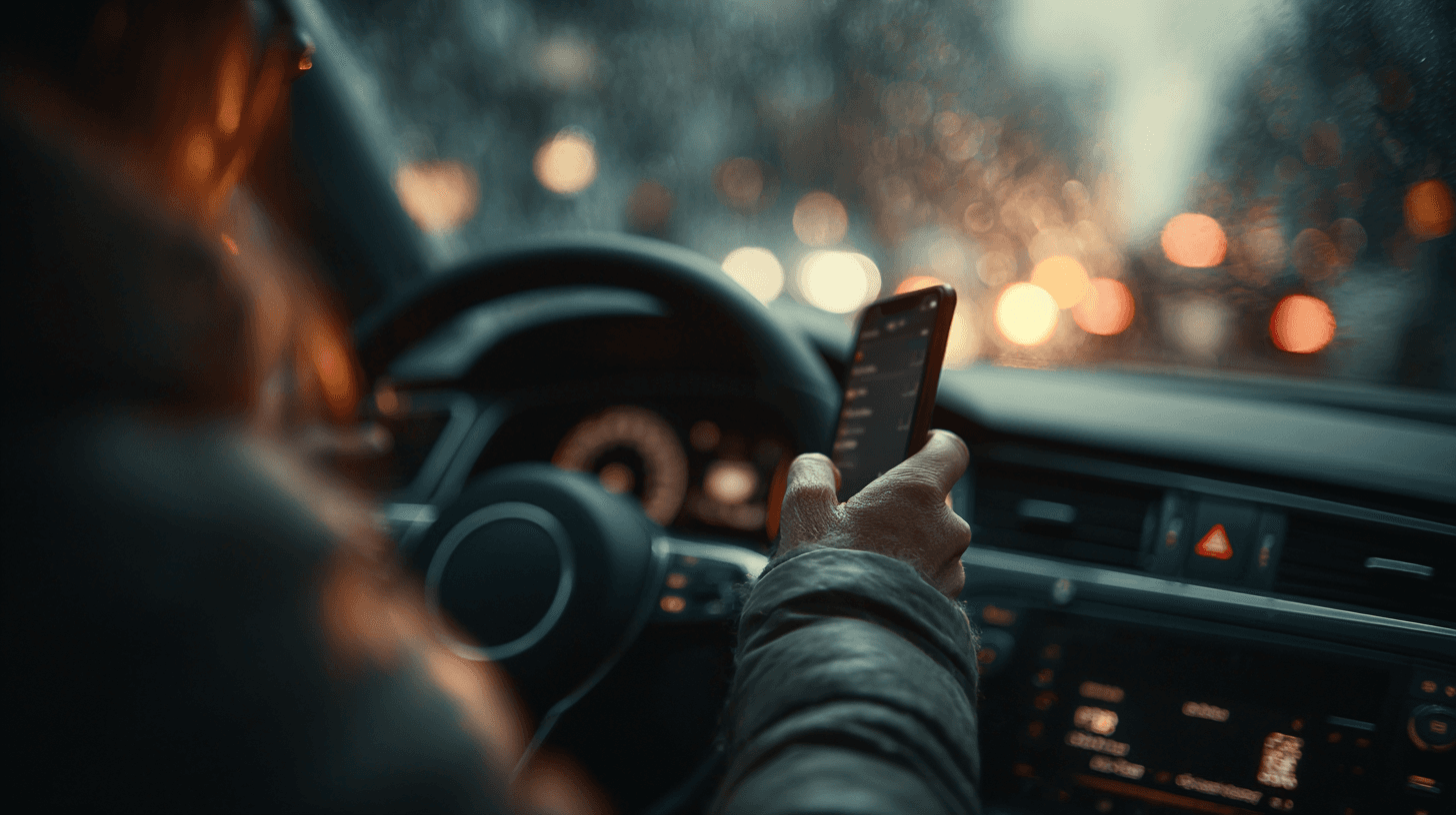 Vozač drži mobilni telefon u ruci dok vozi automobil